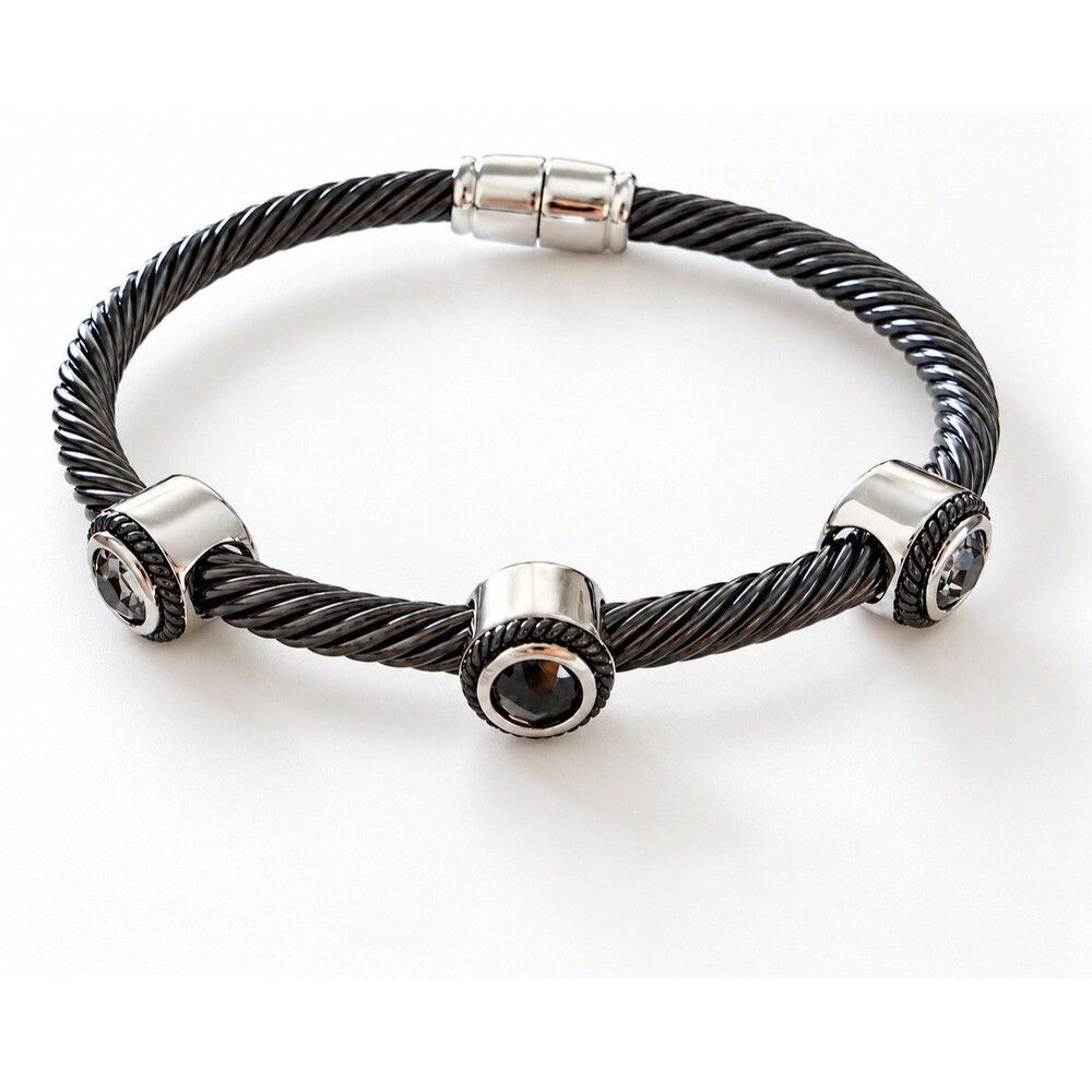 Twisted Cable Bracelet Rhodium Plated Gunmetal Faceted Stone Accents Magnetic